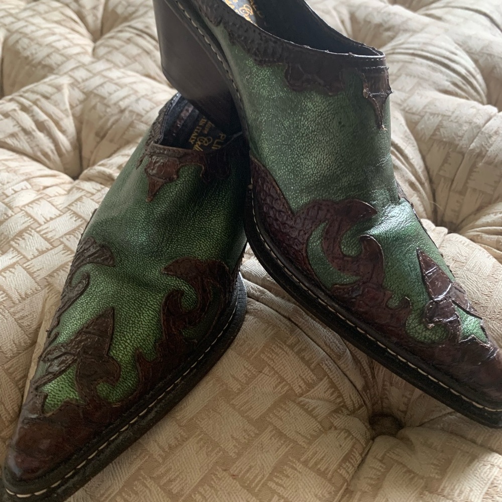 Donald J. Pliner Green and Brown Cowboy Boots with Decorative Design